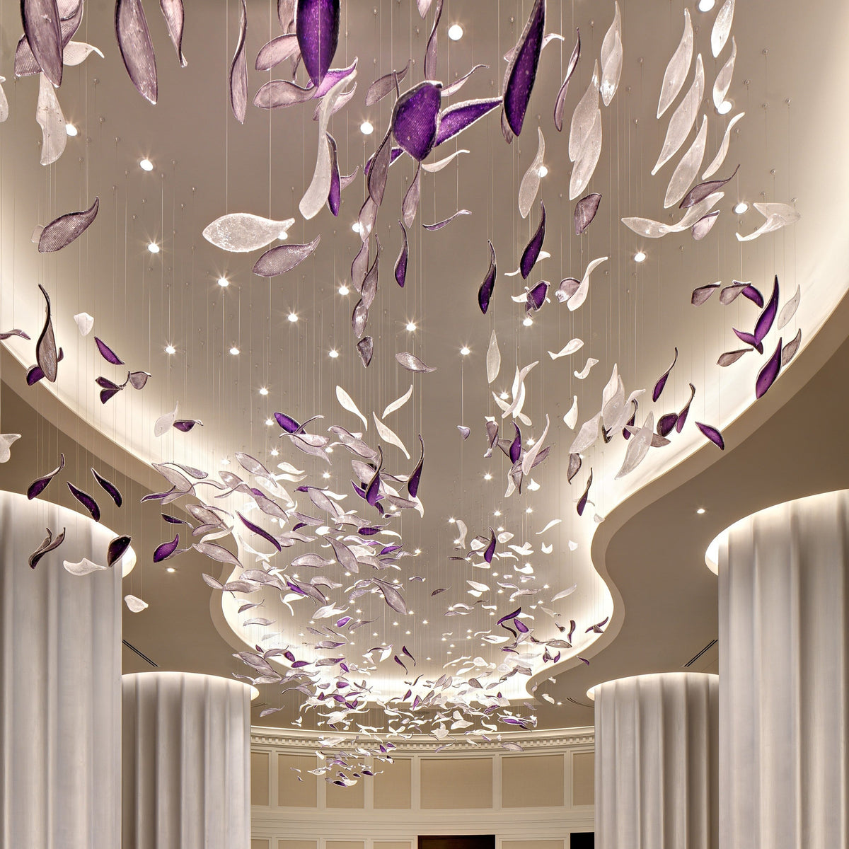Clear & Purple Striped Leaves Project Installation chandelier studio view