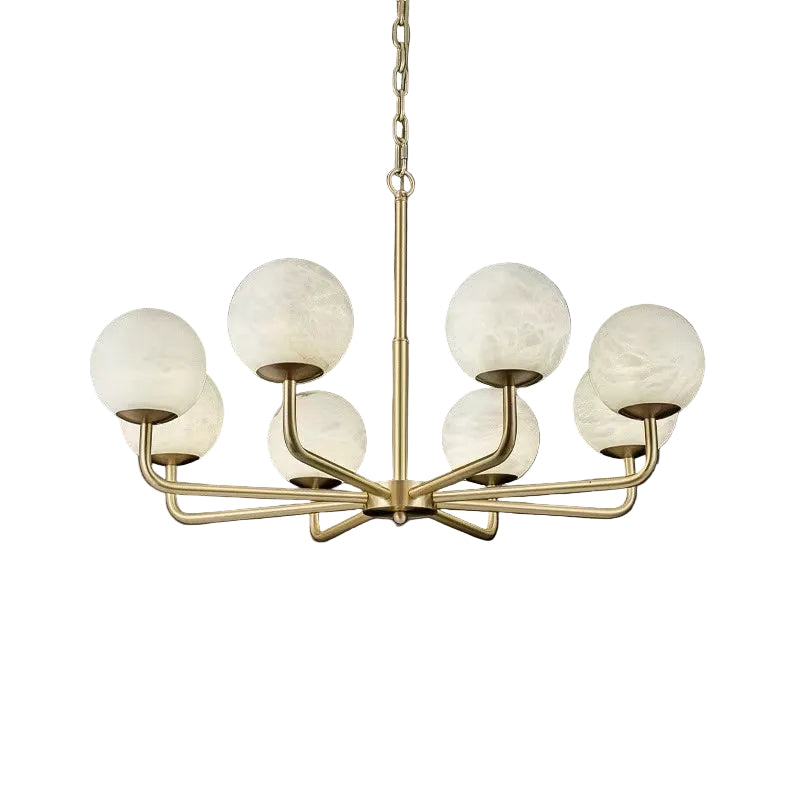 Ricco Marble Circular Chandelier with alabaster globe shades and brushed gold frame.