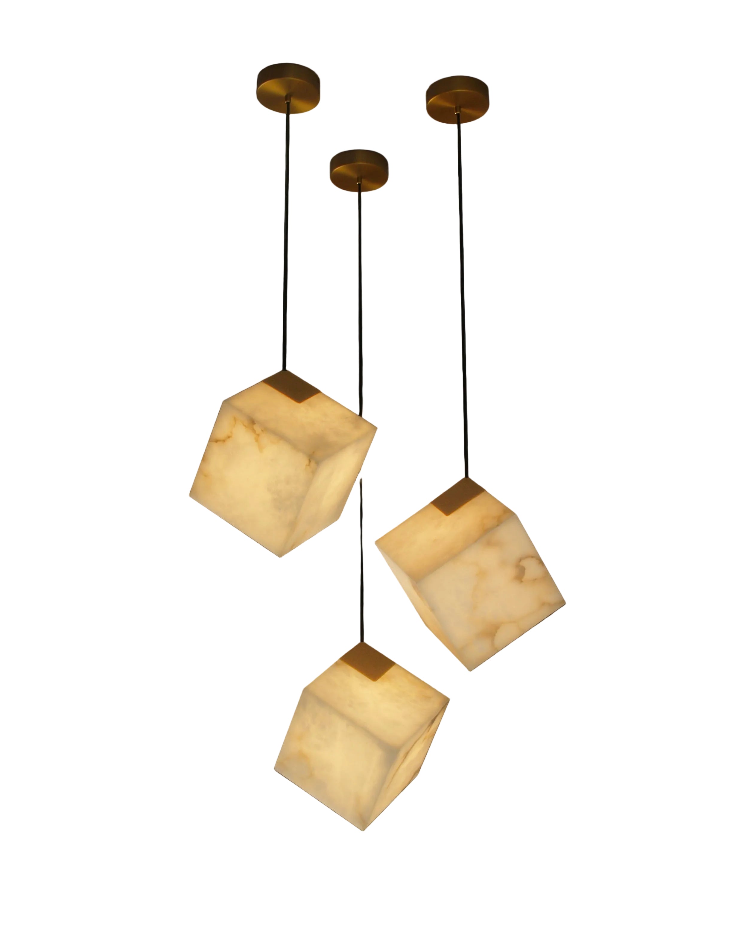Cube Alabaster Marble Pendant Light with Triple Drops on Black Cables