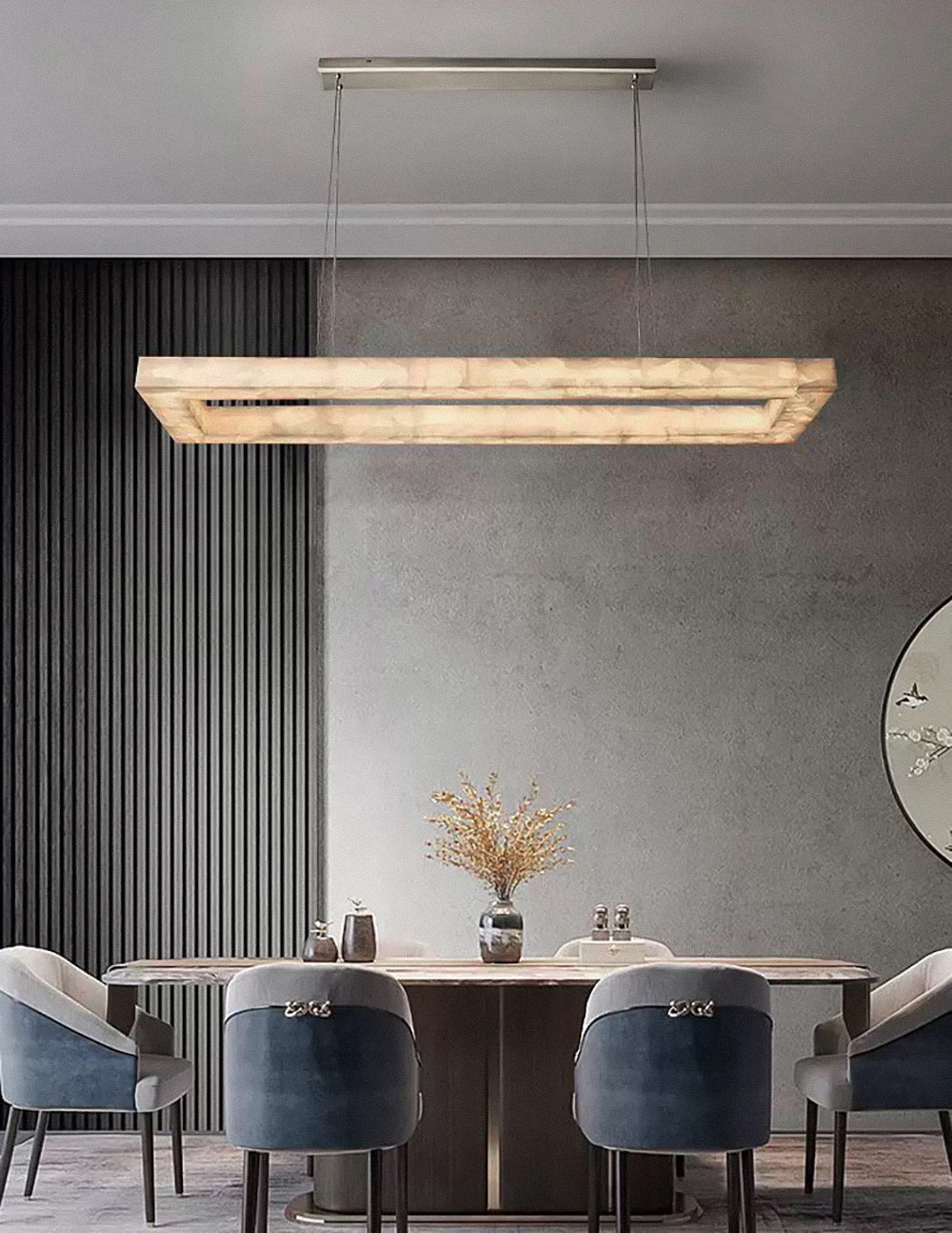 VORELLI® Halo Marble Rectangular Chandelier with glowing marble frame, luxury modern chandelier for dining rooms and designer interiors.