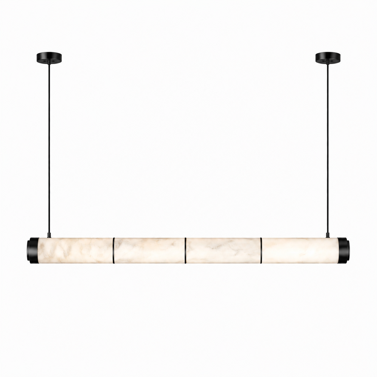 A lifestyle perspective of the VORELLI Atlas chandelier, showcasing how the sleek marble panels create a timeless focal point in an open-plan living space.