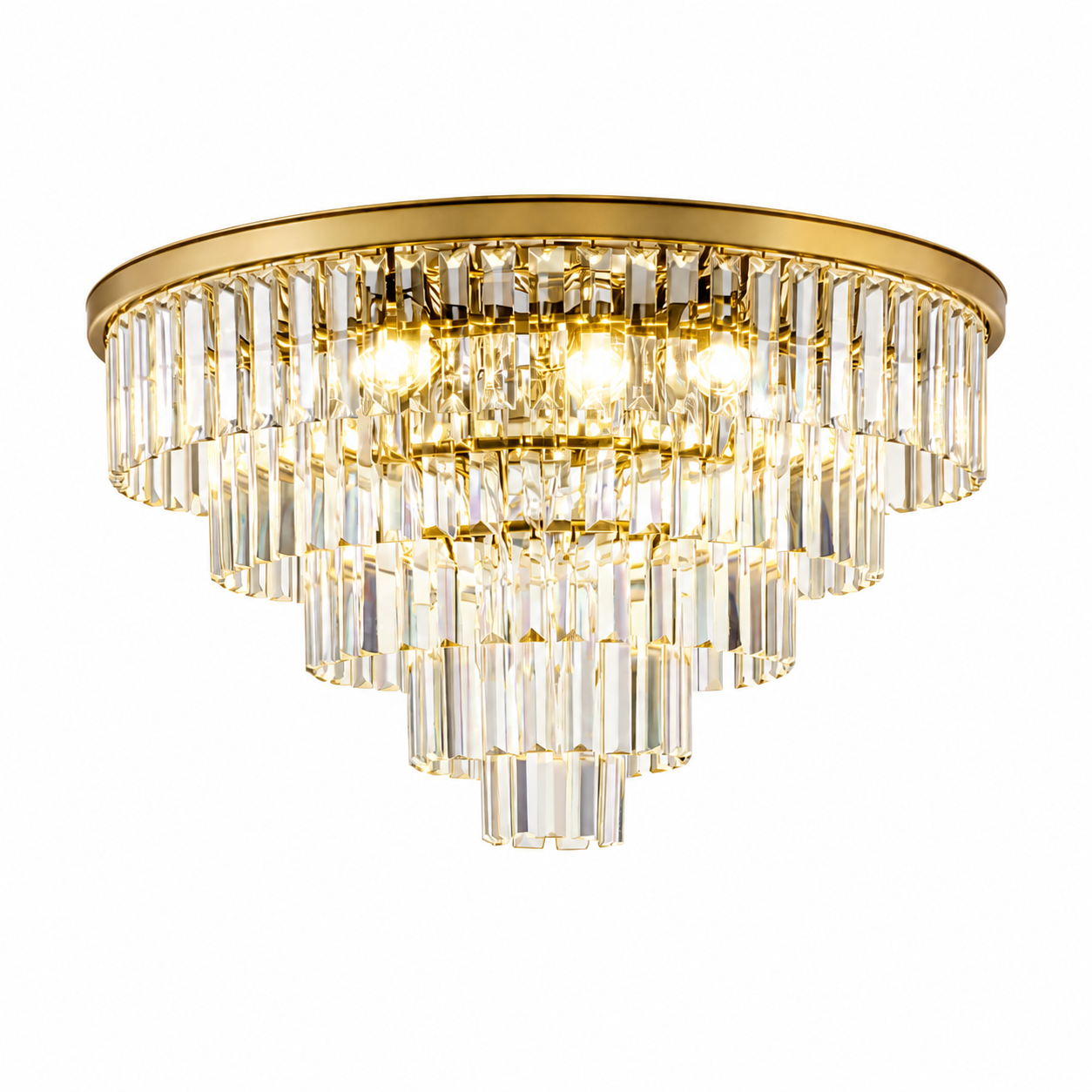 A majestic three-tier Beckenham crystal ceiling light refracting light to create a dramatic, opulent mood in a high-end interior.