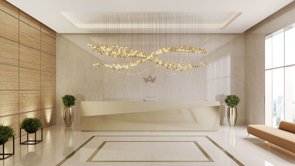 A refined composition of the VORELLI Bubble Orb suspended lighting system, perfectly designed for premium commercial and high-end residential interiors.