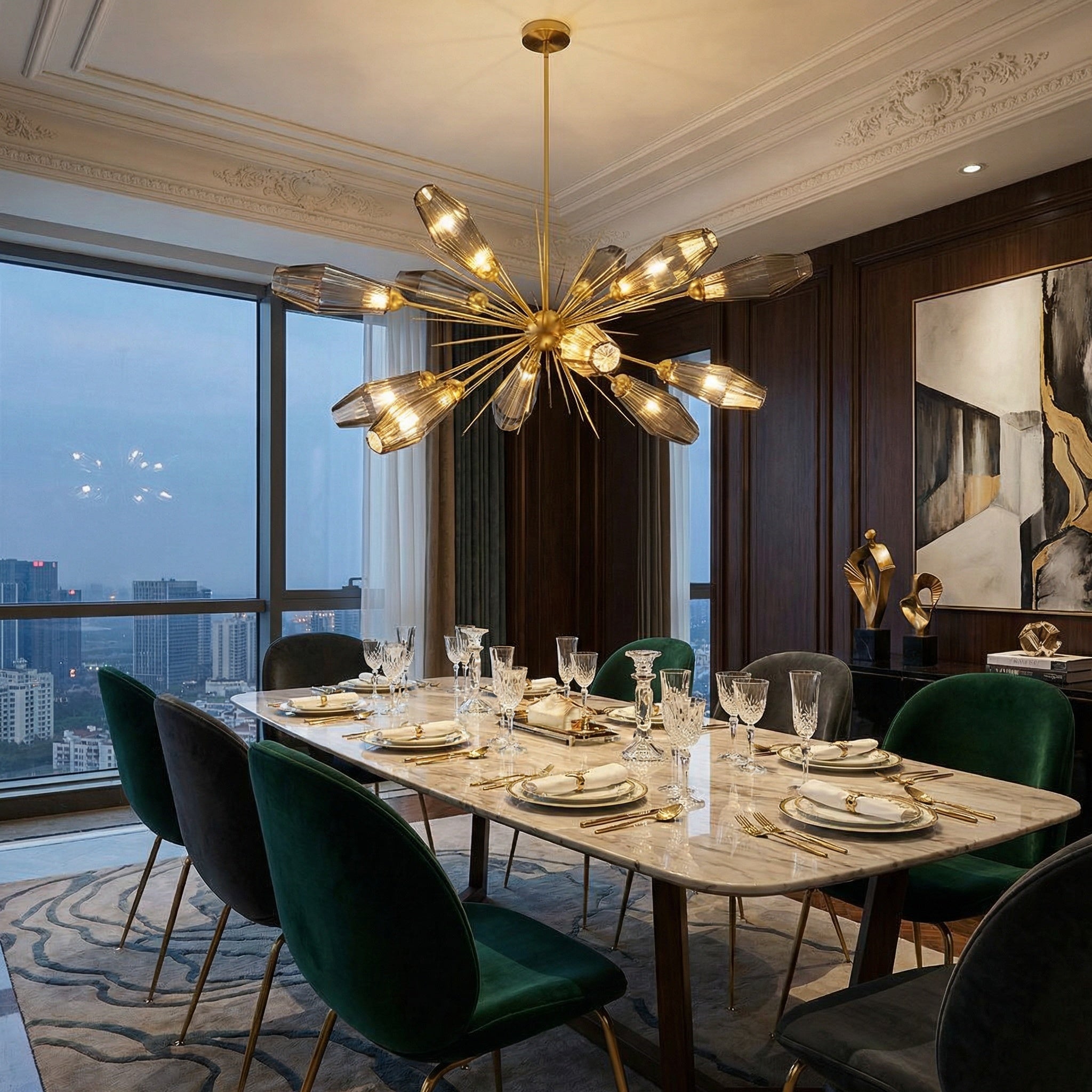 Abdera statement chandelier above luxury dining table in Dubai apartment