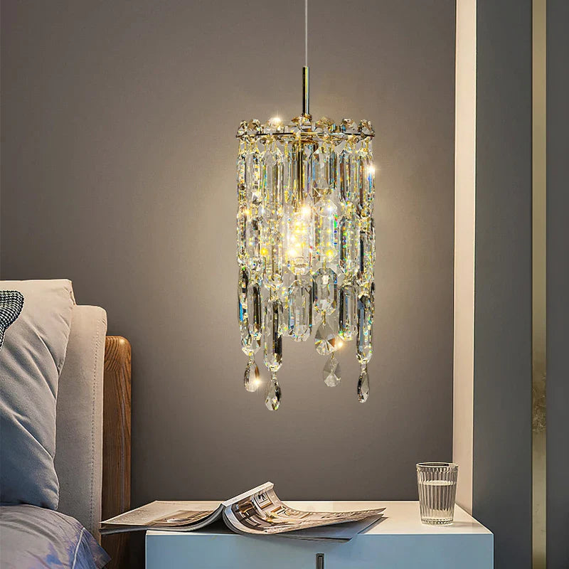 Luxury Abruzzi crystal pendant light beside modern bedroom nightstand