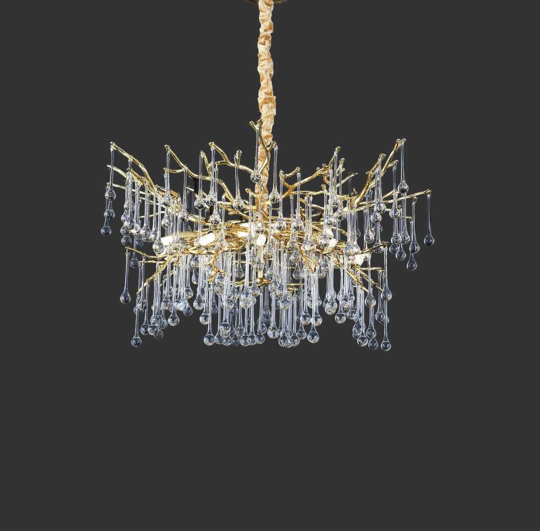 Gold branch structure and suspended glass droplets on L’Albero d’Oro Circular Chandelier III