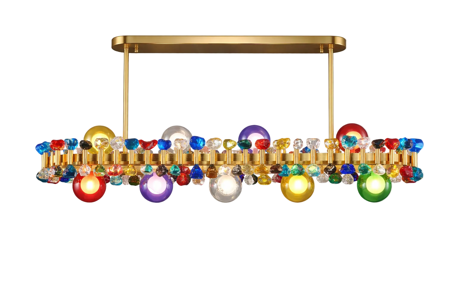 Alytus Rectangular Chandelier II gold frame with coloured crystal spheres UAE