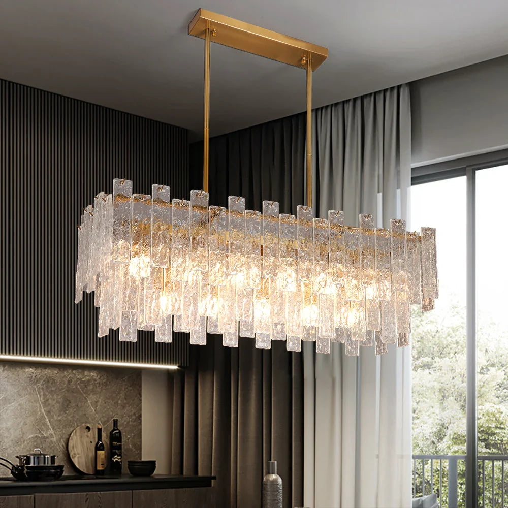 Ambani Rectangular Chandelier installed above luxury dining table
