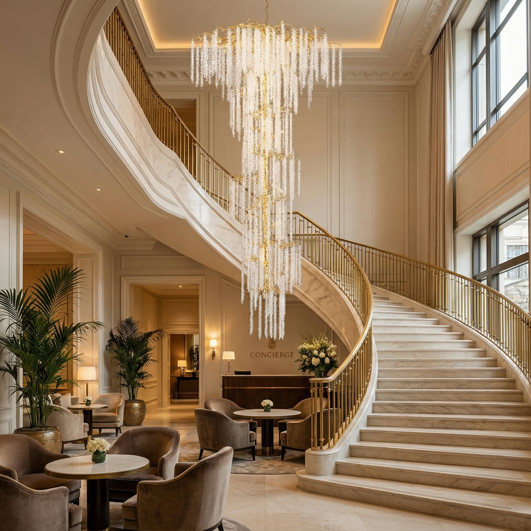 Ambience shot of the Wisteria Spiral Staircase Chandelier installed in a luxury hospitality lobby, showcasing its grand scale and refined elegance.