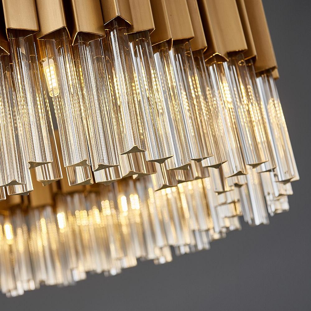 Close up of prism cut crystal bars on Antilia Circular Chandelier