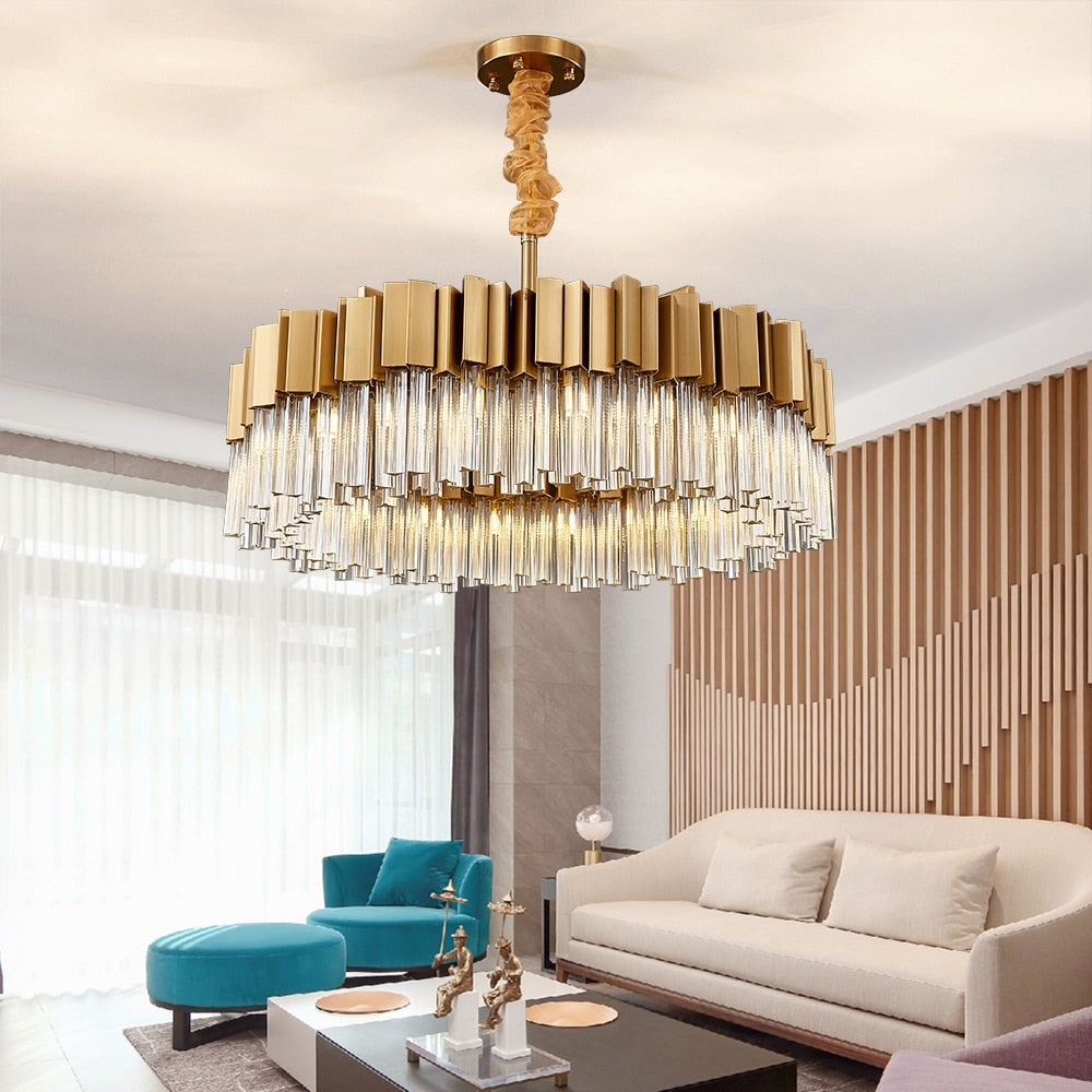 Antilia Circular Chandelier installed in modern luxury living room UAE