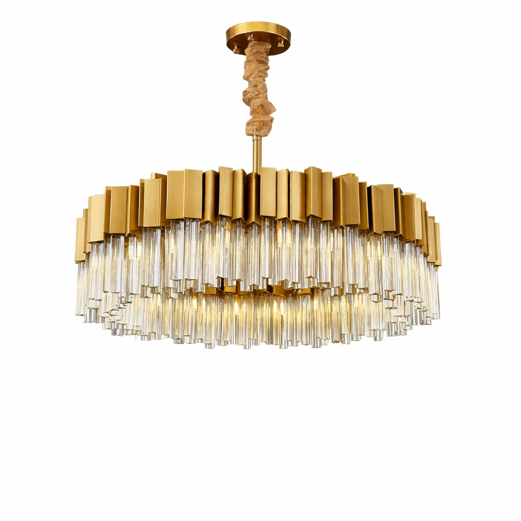 Antilia Circular Chandelier with prism cut crystal bars and gold frame UAE