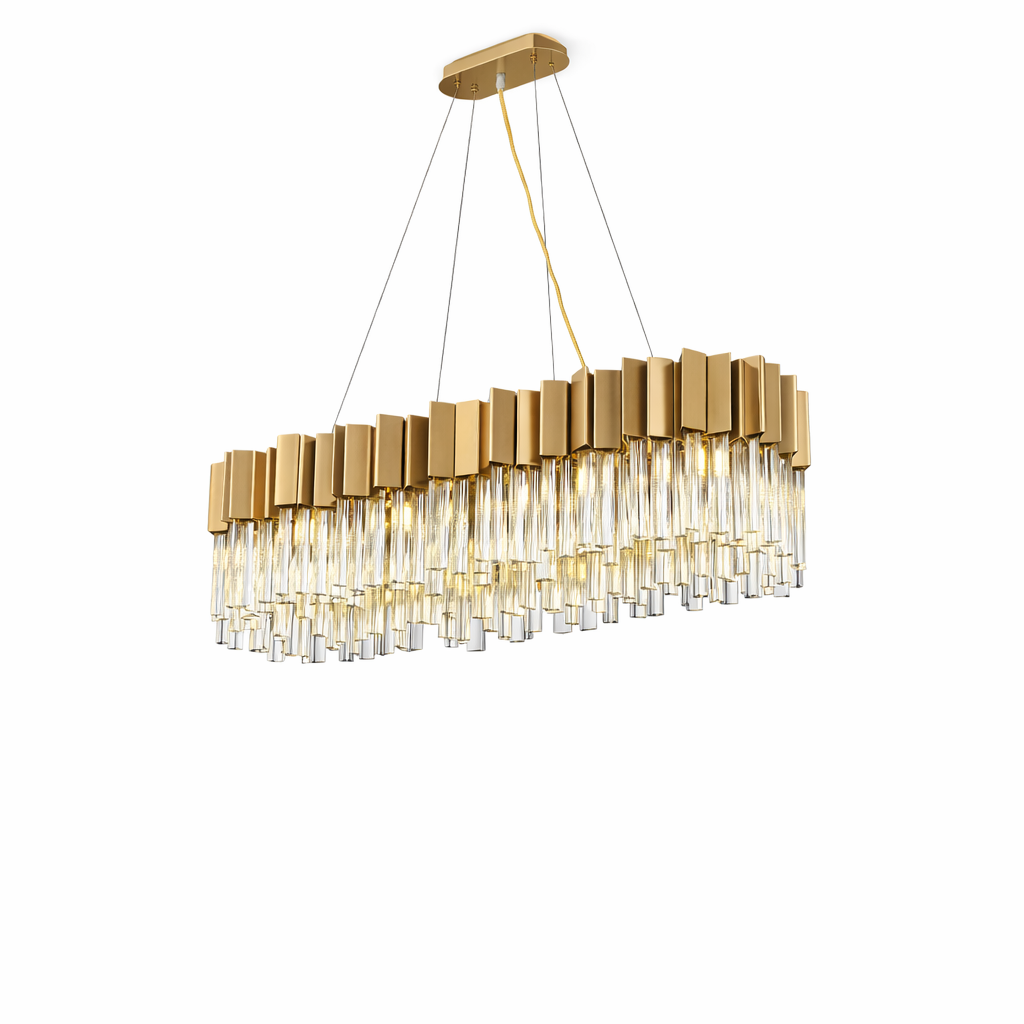 Antilia Rectangular Chandelier with prism cut crystal bars and gold frame UAE