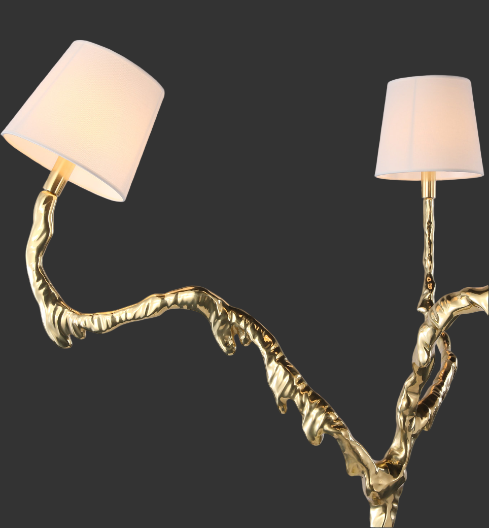 Close up of Arboris Floor Lamp gold branch structure and fabric shade