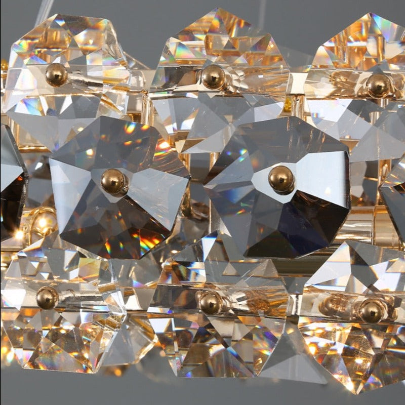Close up of clear crystal elements on Astoria circular chandelier