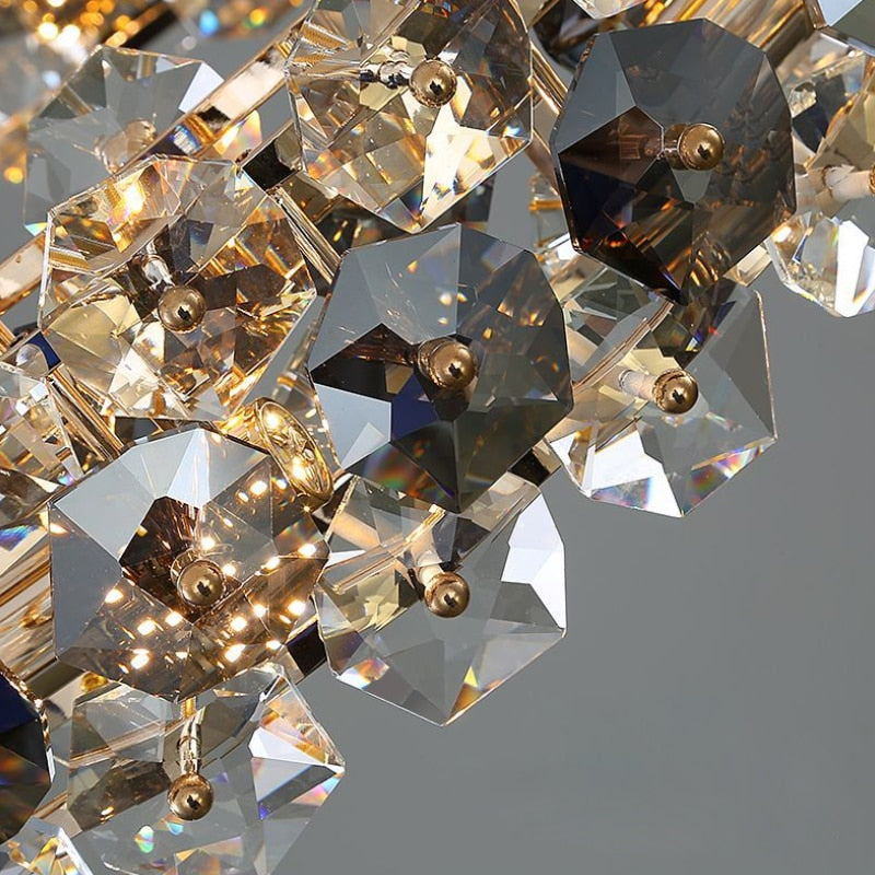 Close up of clear crystal detail on Astoria rectangular chandelier