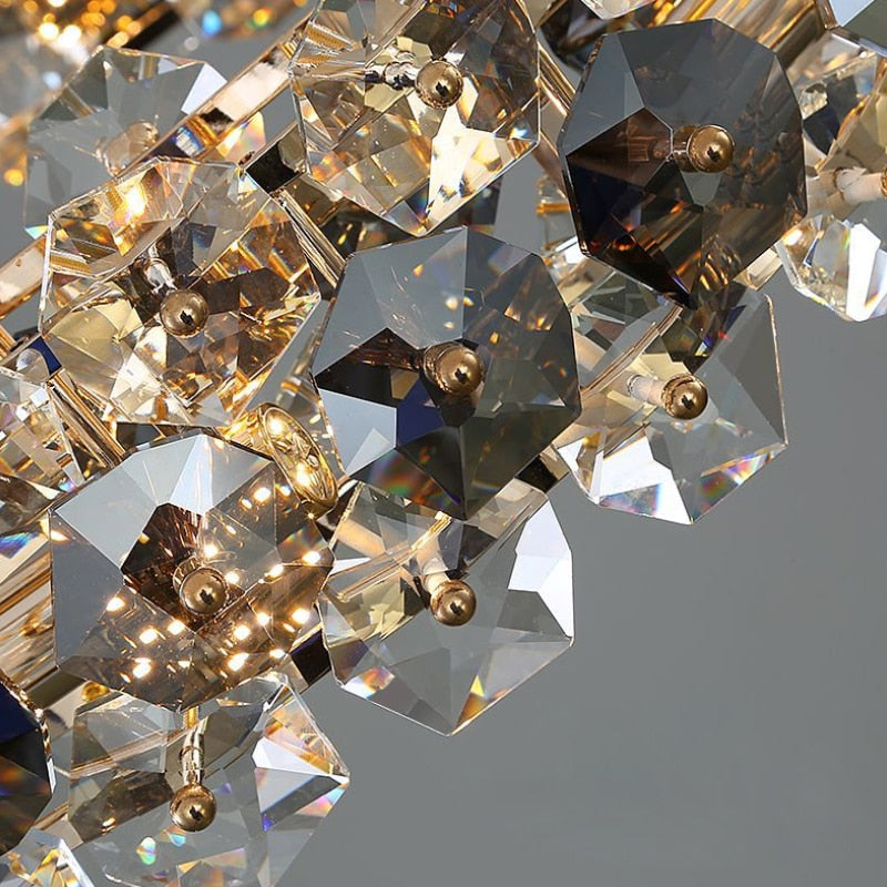 Close-up of clear and smoky grey crystal elements on the rectangular chandelier.