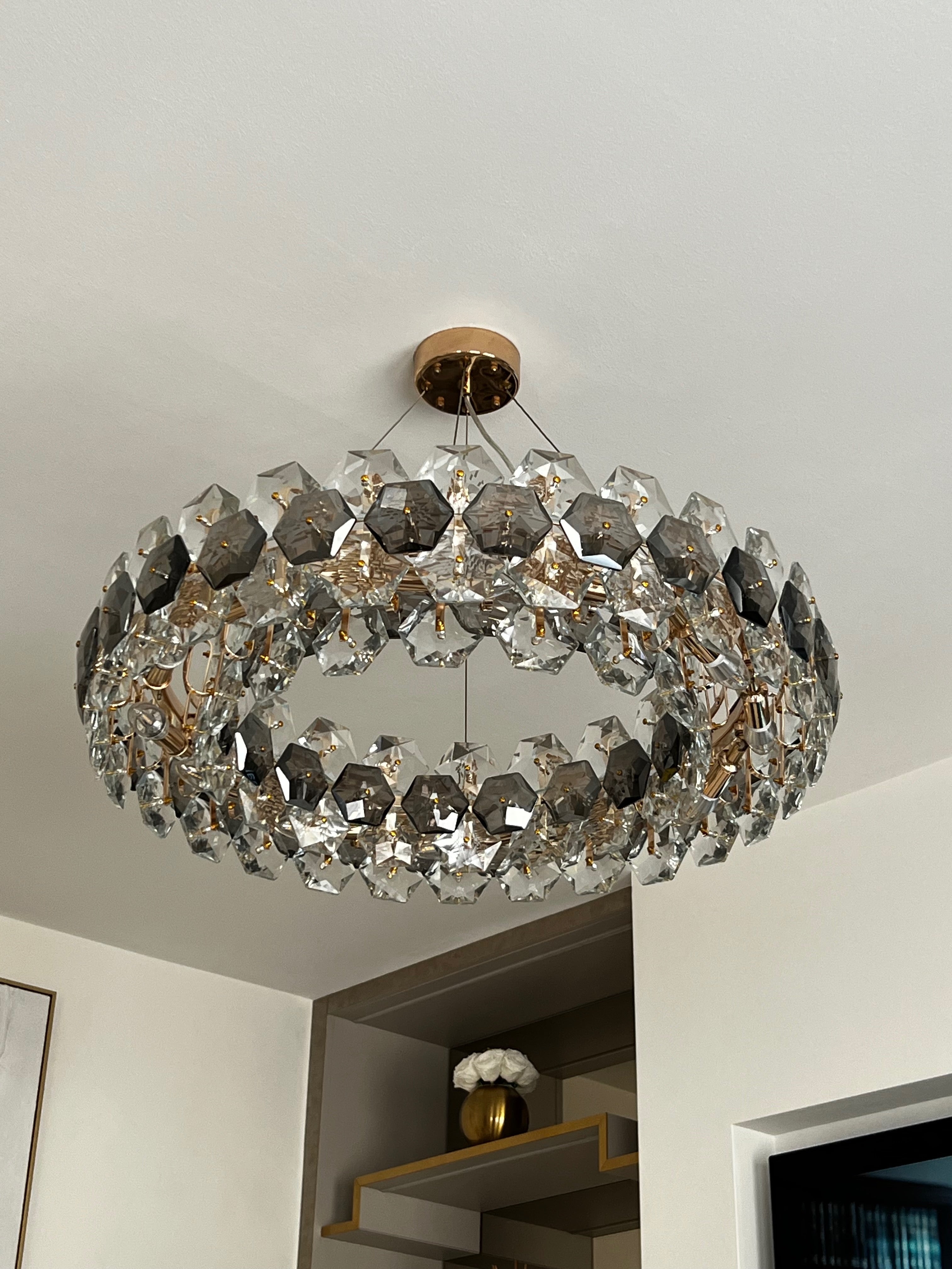 Close up of smoky grey crystal detail on Astoria chandelier