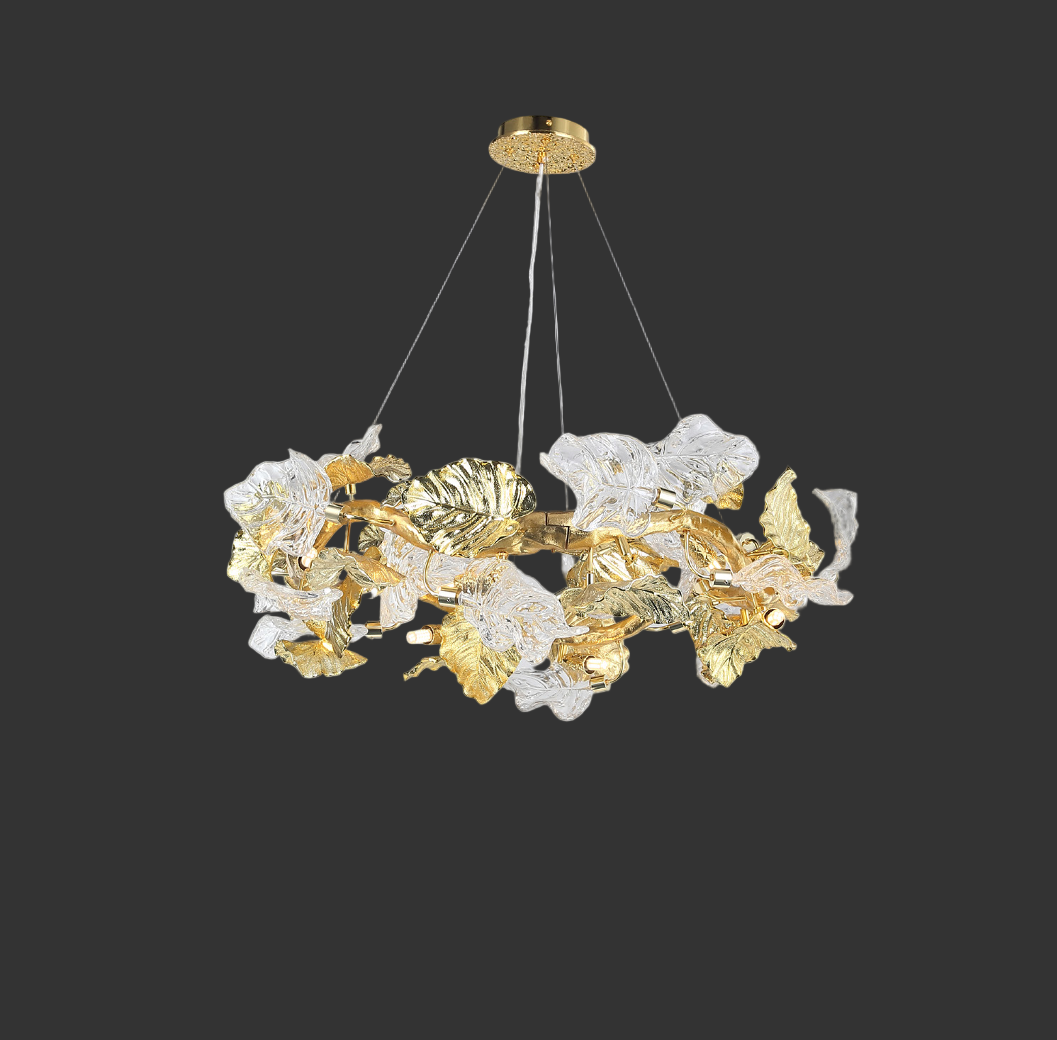 Aura Leaf circular chandelier suspended with glass leaf detailing