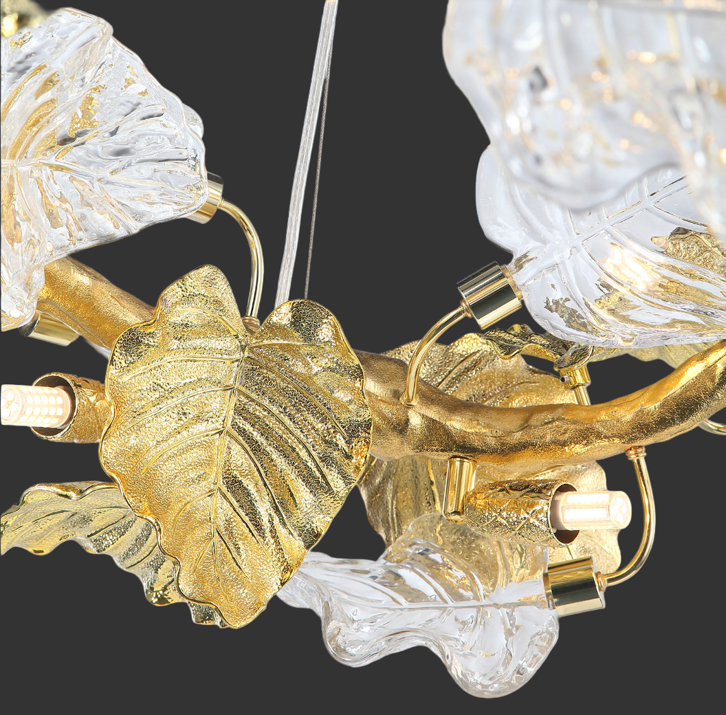 Close up of layered sculpted glass leaves on Aura Leaf Staircase Chandelier II