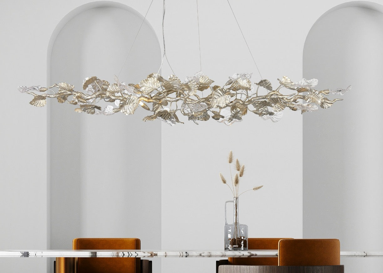 Aura Leaf rectangular chandelier installed above dining table