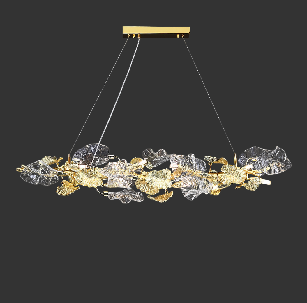 Aura Leaf Rectangular Chandelier II installed above dining table