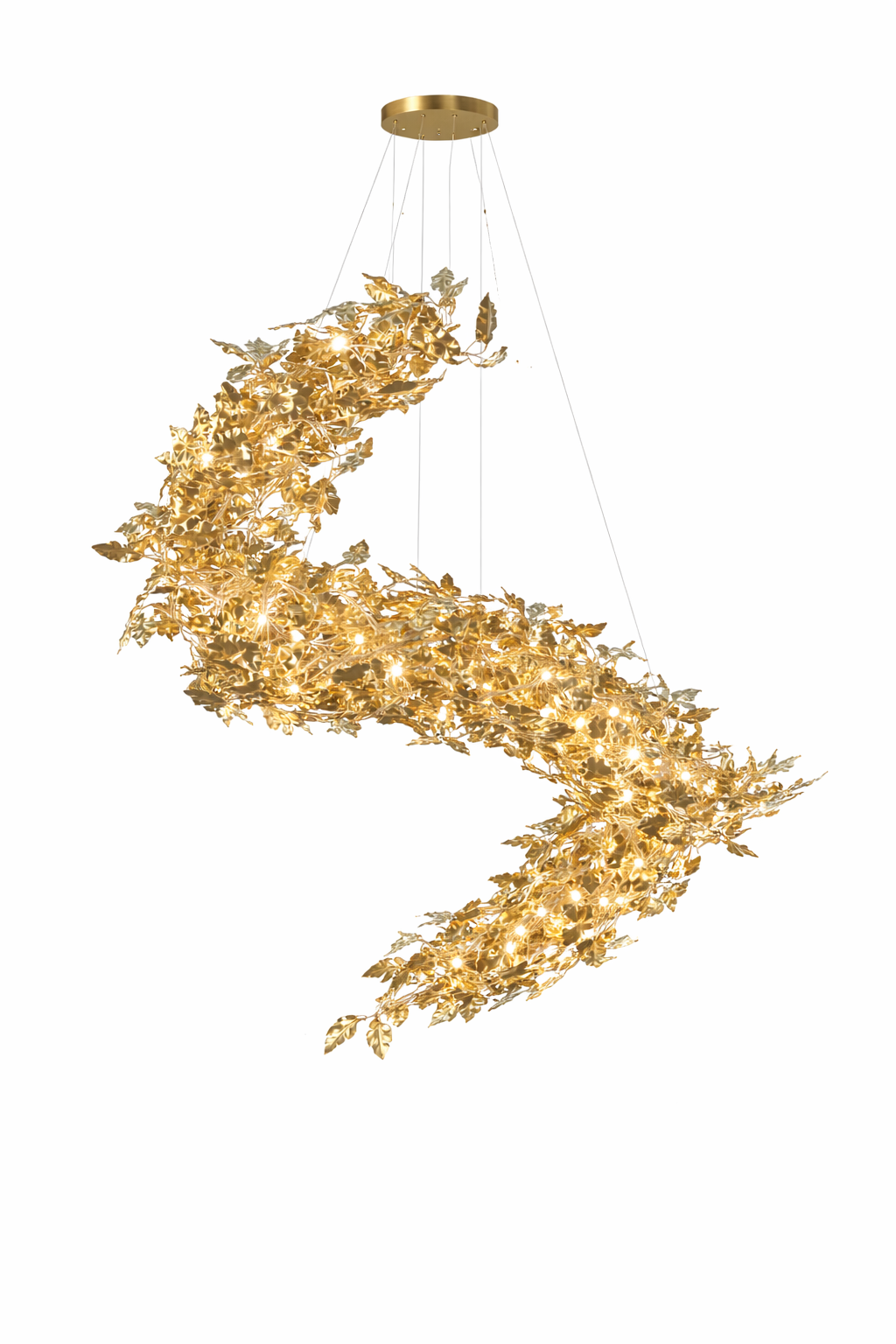 Aureus staircase chandelier with flowing sculpted gold metallic leaves