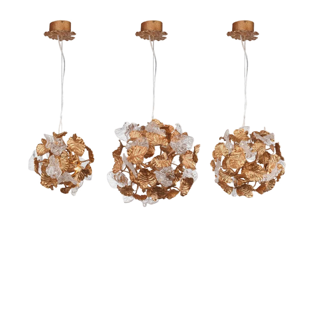 Autumn Bloom pendant light with sculpted metallic leaves and crystal accents