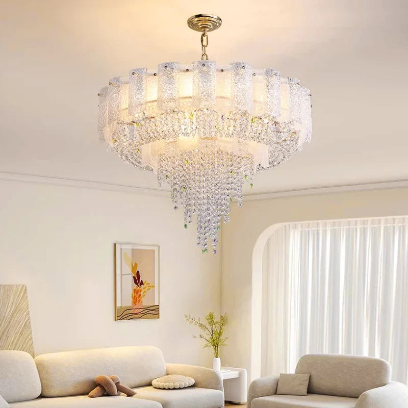 Avino frosted glass chandelier installed in luxury living room