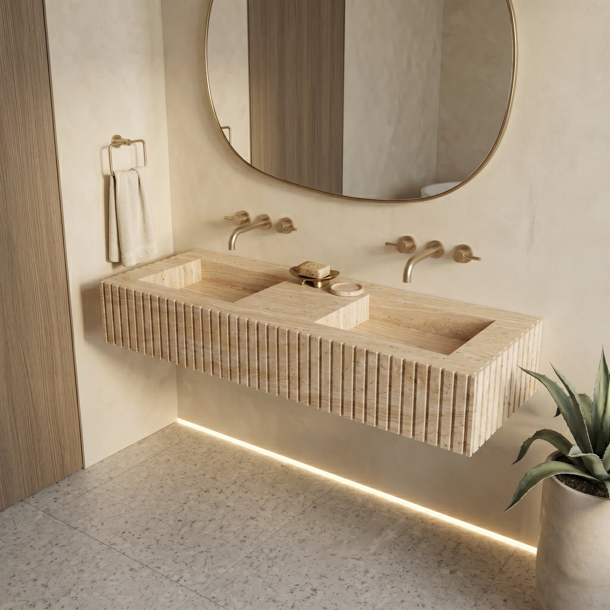 Beige Travertine Double Sink - Fluted by VORELLI