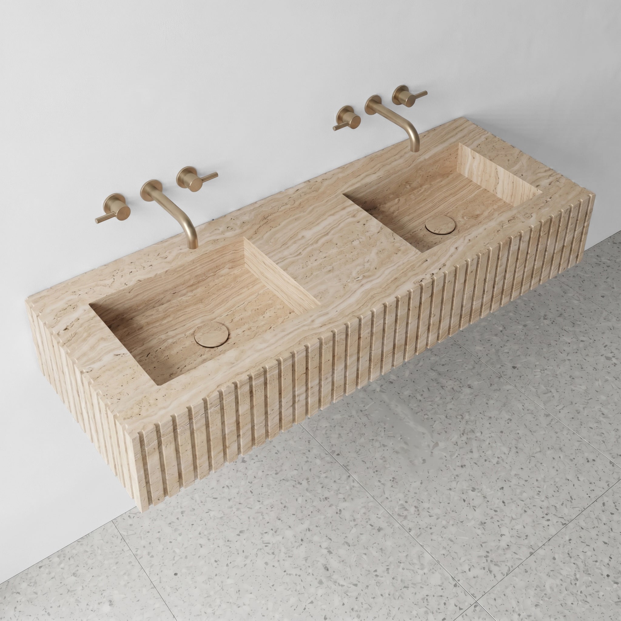 Beige Travertine Double Sink - Fluted by VORELLI