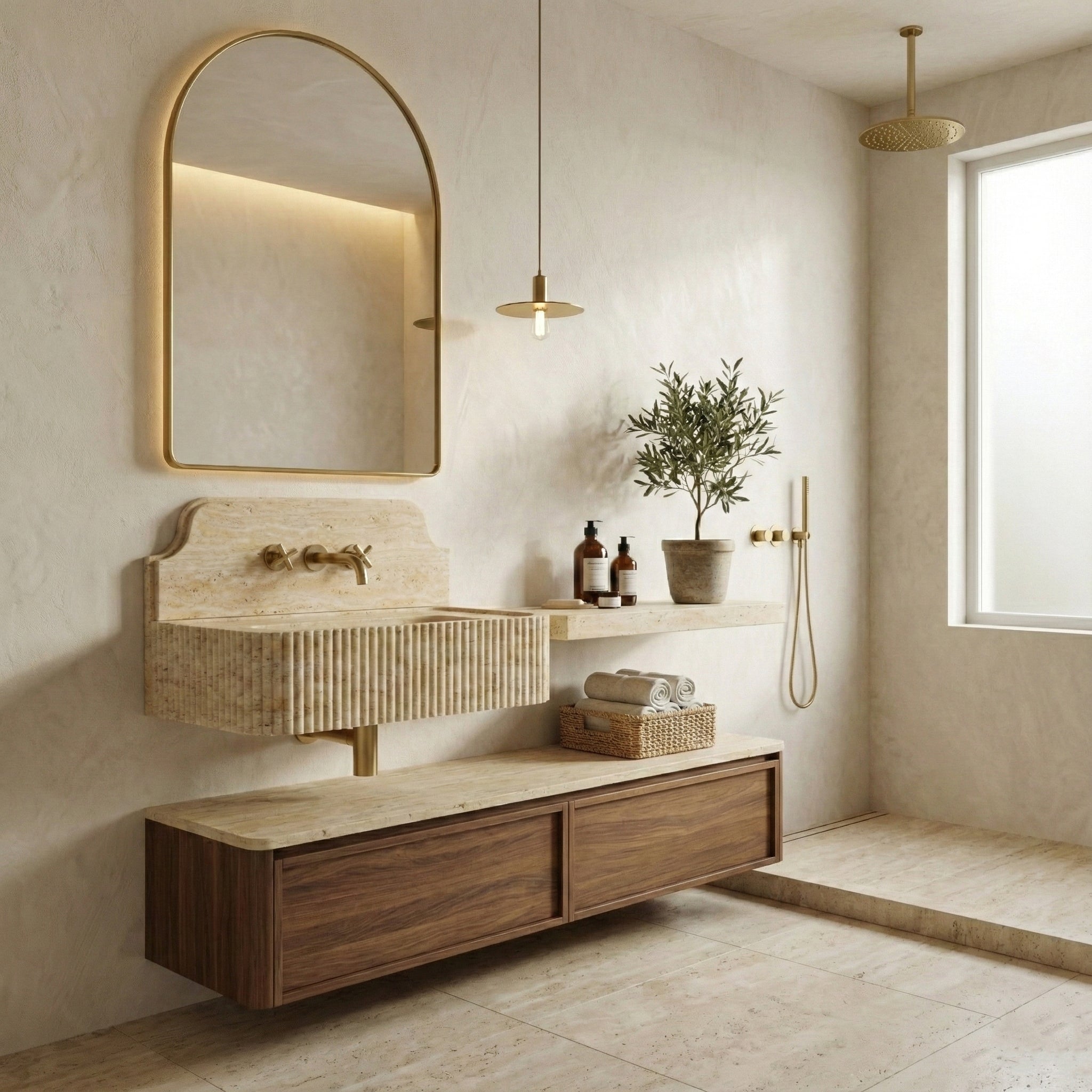 Beige Travertine Backsplash Sink - Fluted by VORELLI