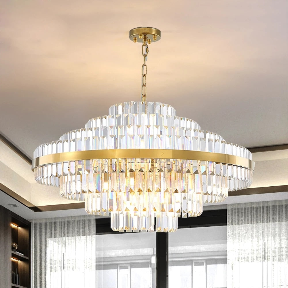 Belair circular crystal chandelier above dining table