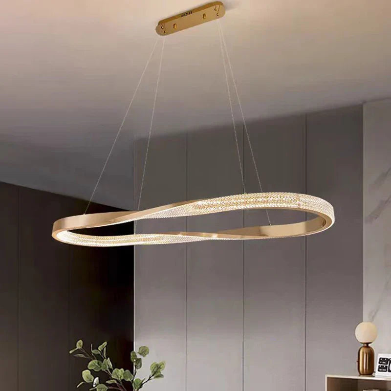 Belgravia rectangular sculptural chandelier above modern dining table