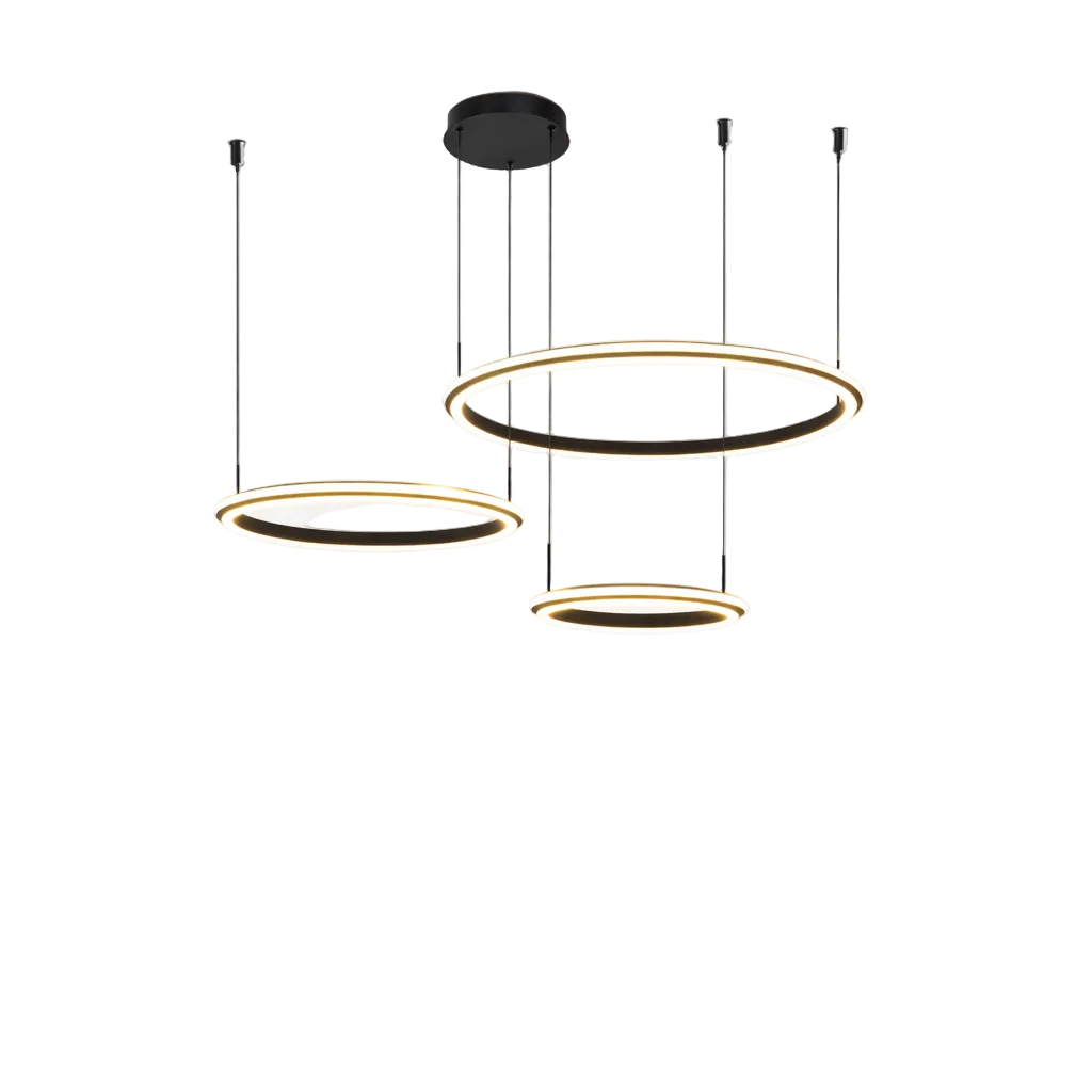Bellezza Trio circular LED chandelier with three suspended rings in black and gold finish