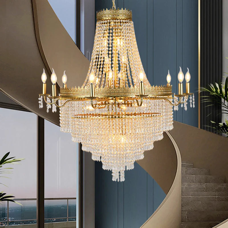 Gold finish Belmond crystal staircase chandelier in luxury foyer