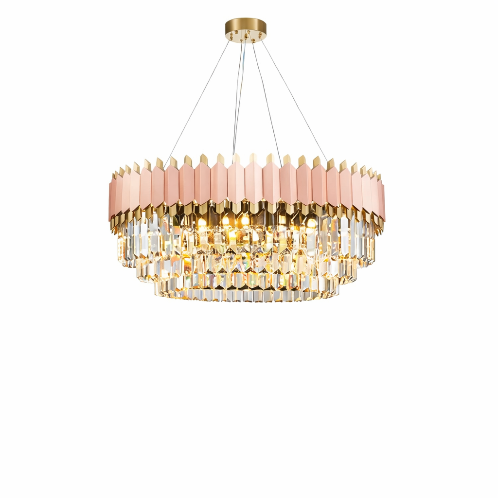 Bianca circular chandelier with brushed rose gold frame and crystal bars