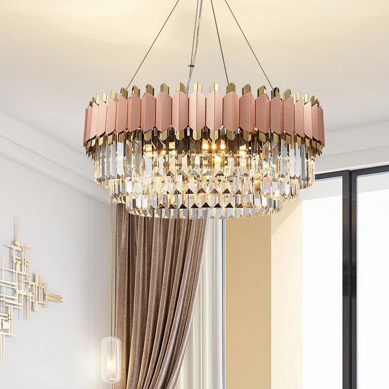Bianca rose gold crystal chandelier in soft pink themed interior
