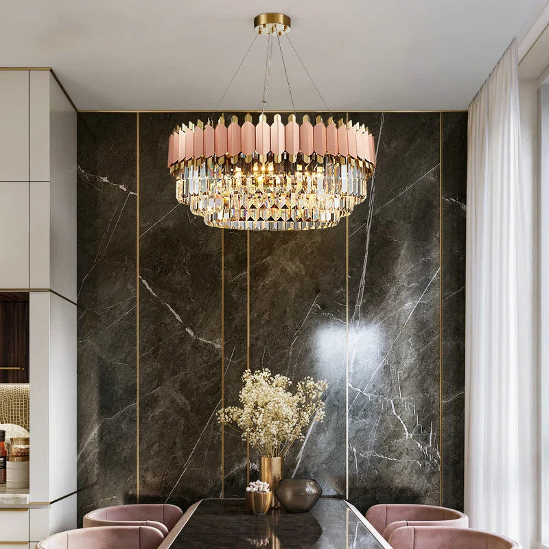 Bianca circular rose gold chandelier installed in elegant dining room