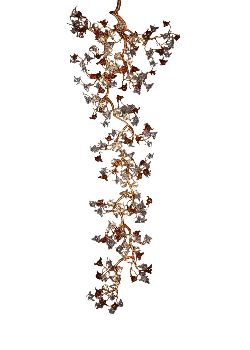 Bloom linear staircase chandelier with cascading glass petals and amber accents