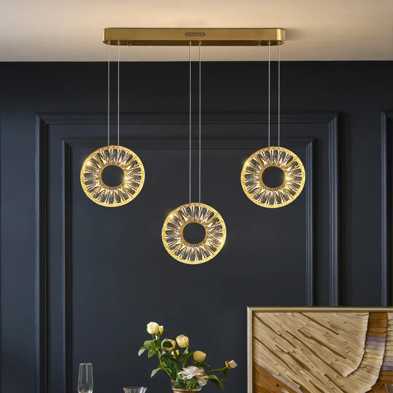Bocelli rectangular crystal ring chandelier in contemporary interior