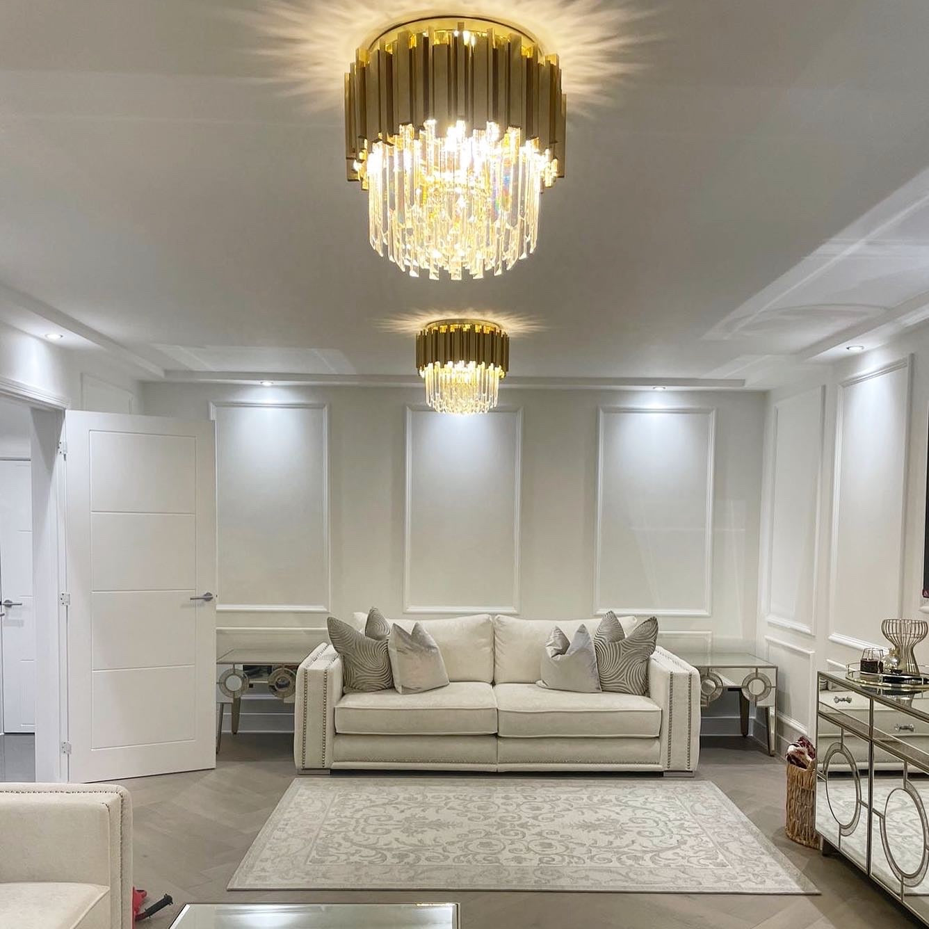 Boeotia gold and crystal ceiling light installed in modern living room