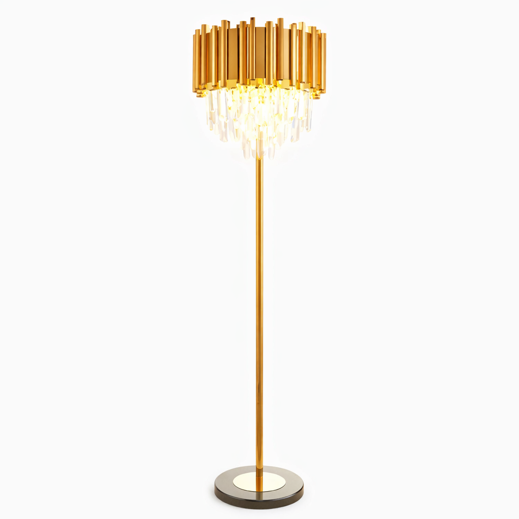 Boeotia floor lamp with gold cuboid tubing and crystal bars