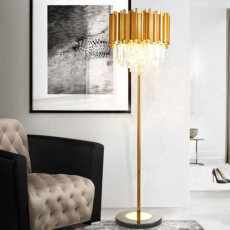 Boeotia gold and crystal floor lamp in modern living room interior