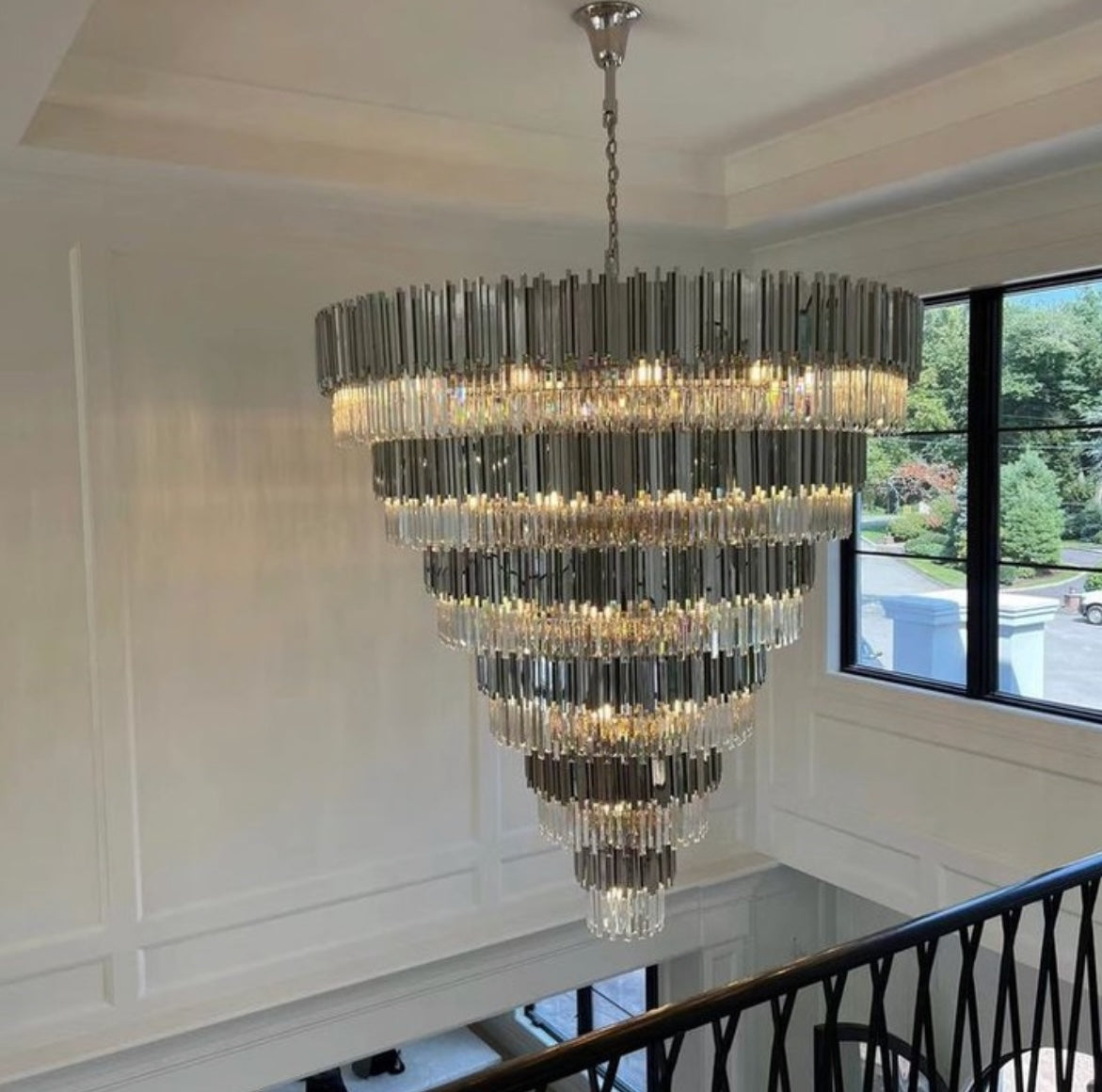 Close-up of cascading crystal bars on Boeotia Grandeur chandelier