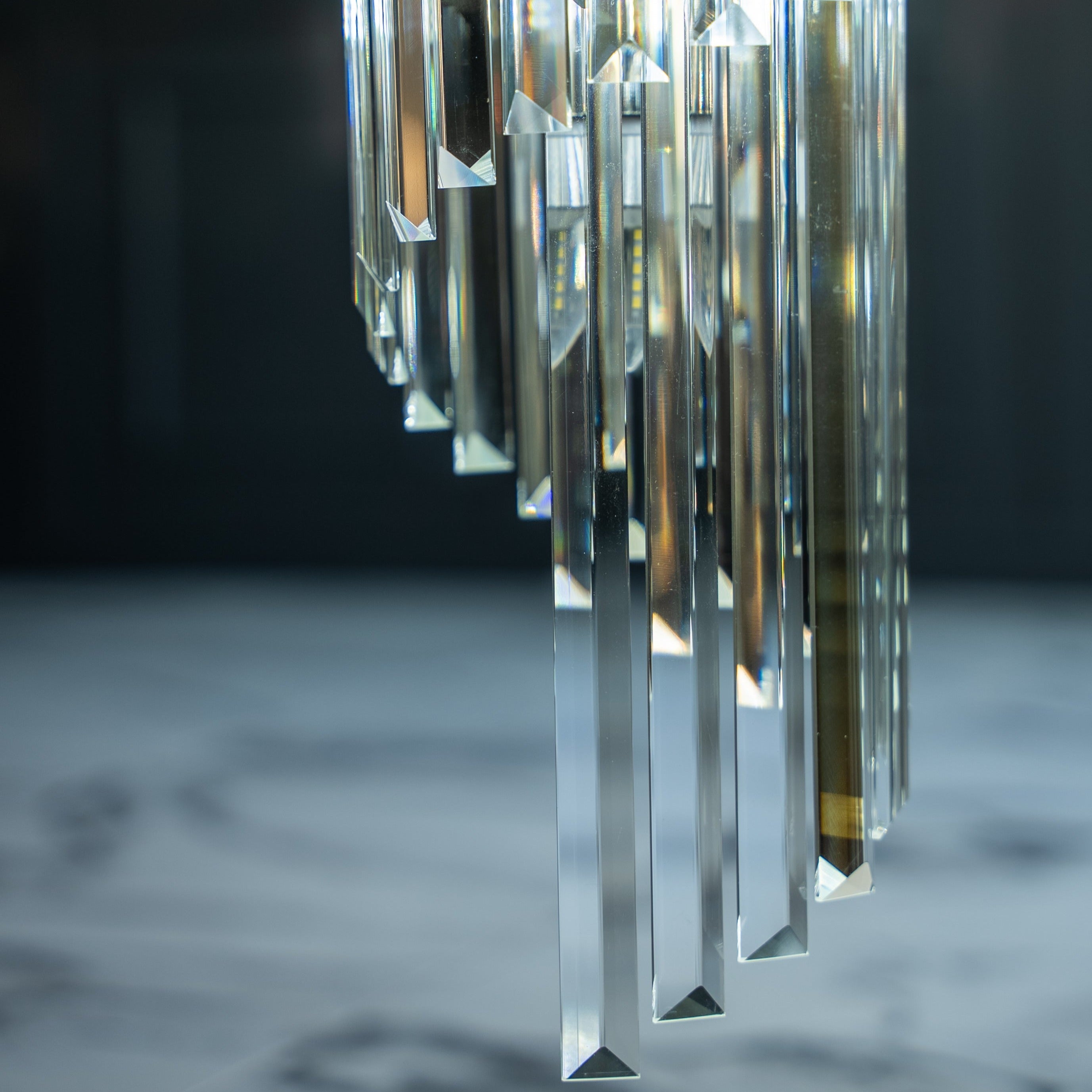 Close-up of cascading crystal bars on Boeotia spiral chandelier