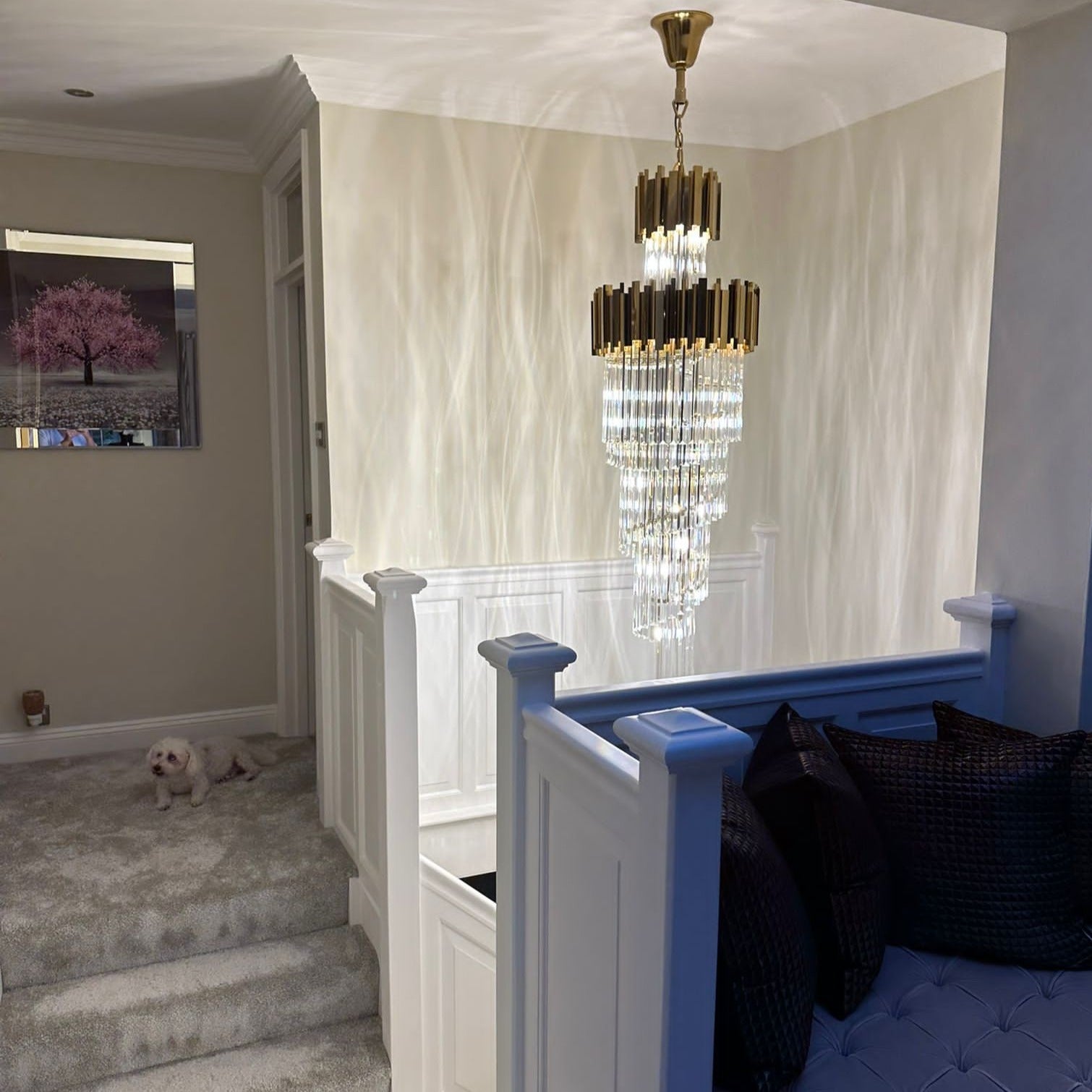 Boeotia Spiral Staircase II chandelier in luxury entryway
