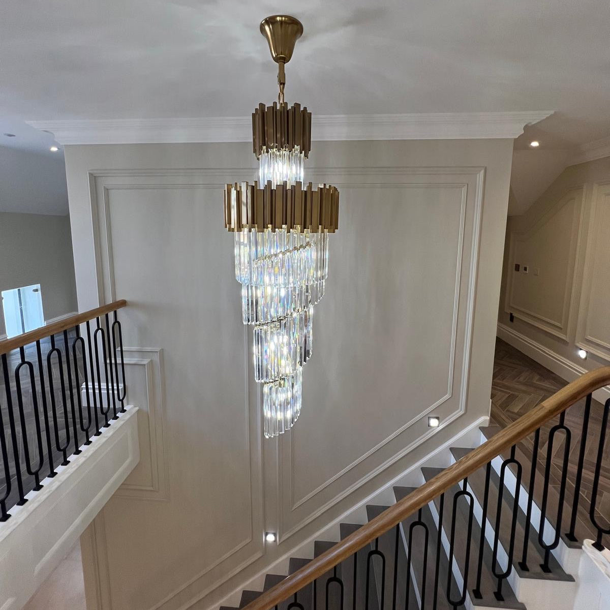 Boeotia Spiral Staircase II chandelier in modern stairwell