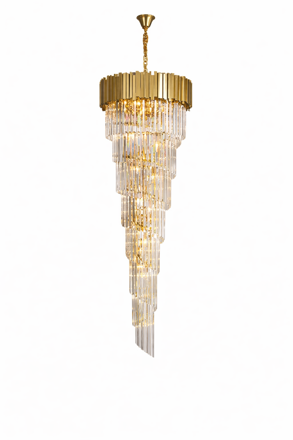 Boeotia spiral staircase chandelier with gold cuboid tubing and crystal bars