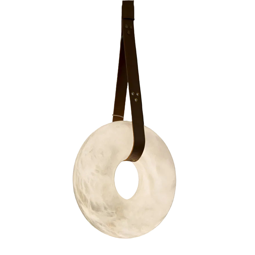 Botticino marble pendant light with leather suspension strap